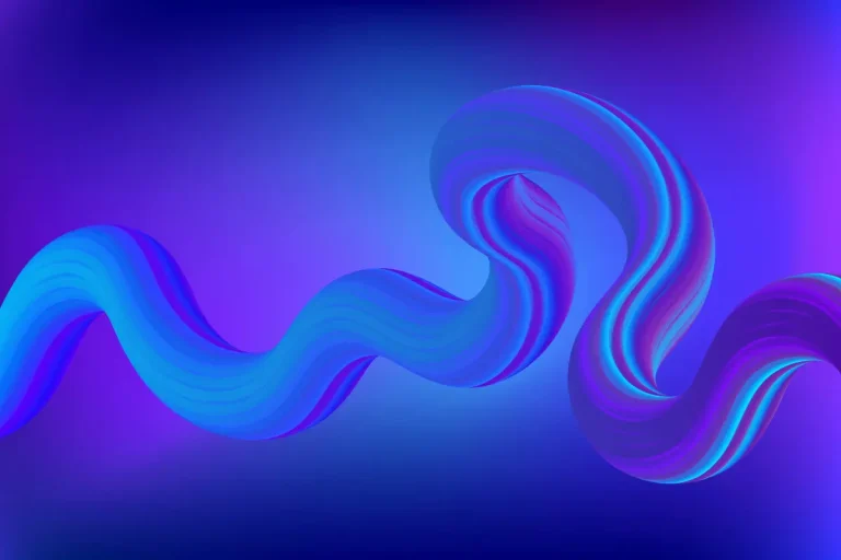 Dark background featuring flowing abstract waves in shades of blue and purple, evoking a sense of movement and depth.