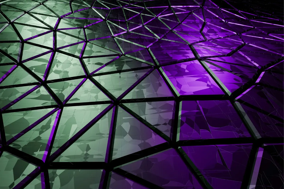 Abstract geometric background featuring intersecting purple and green lines on a textured surface.
