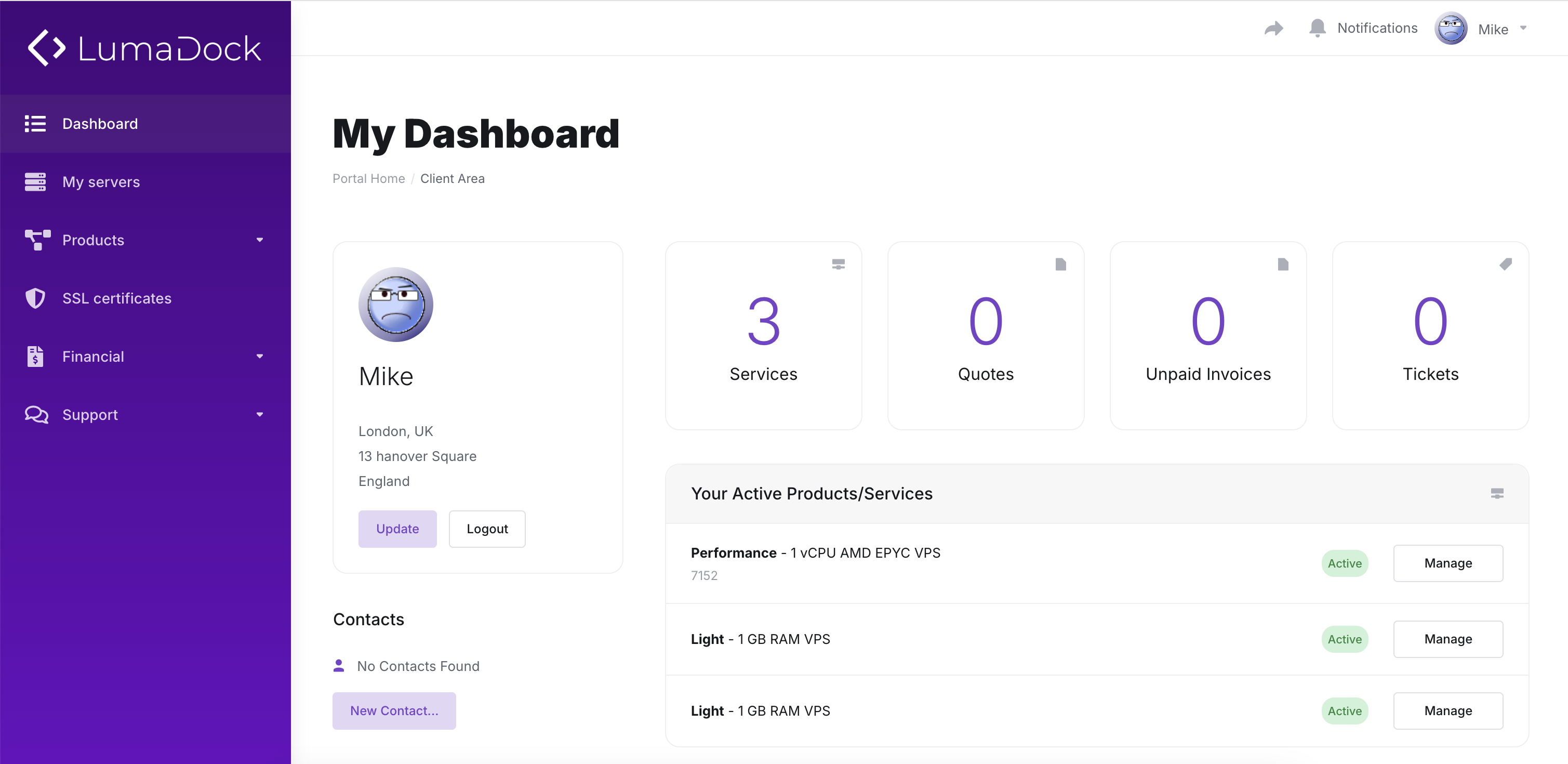 LumaDock VPS dashboard