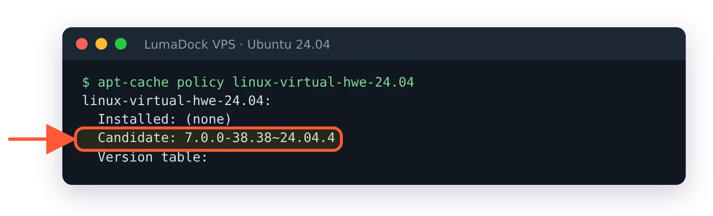 apt-cache policy linux-virtual-hwe-24.04: Installed (none), Candidate 7.0.0-38.38~24.04.4