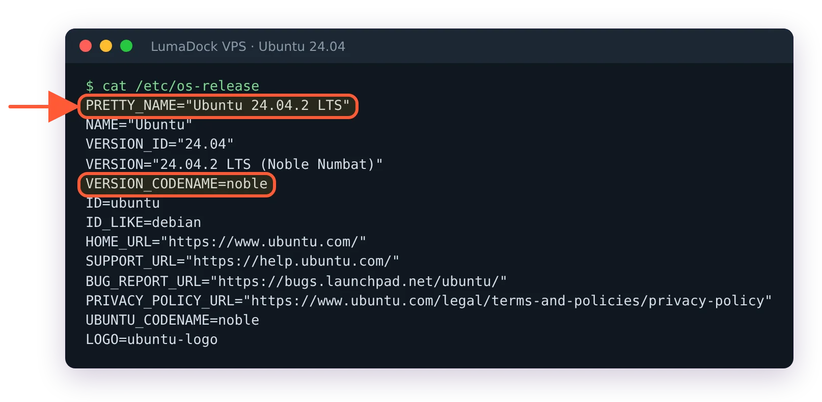 cat /etc/os-release on a fresh VPS: PRETTY_NAME Ubuntu 24.04.2 LTS, VERSION_CODENAME noble