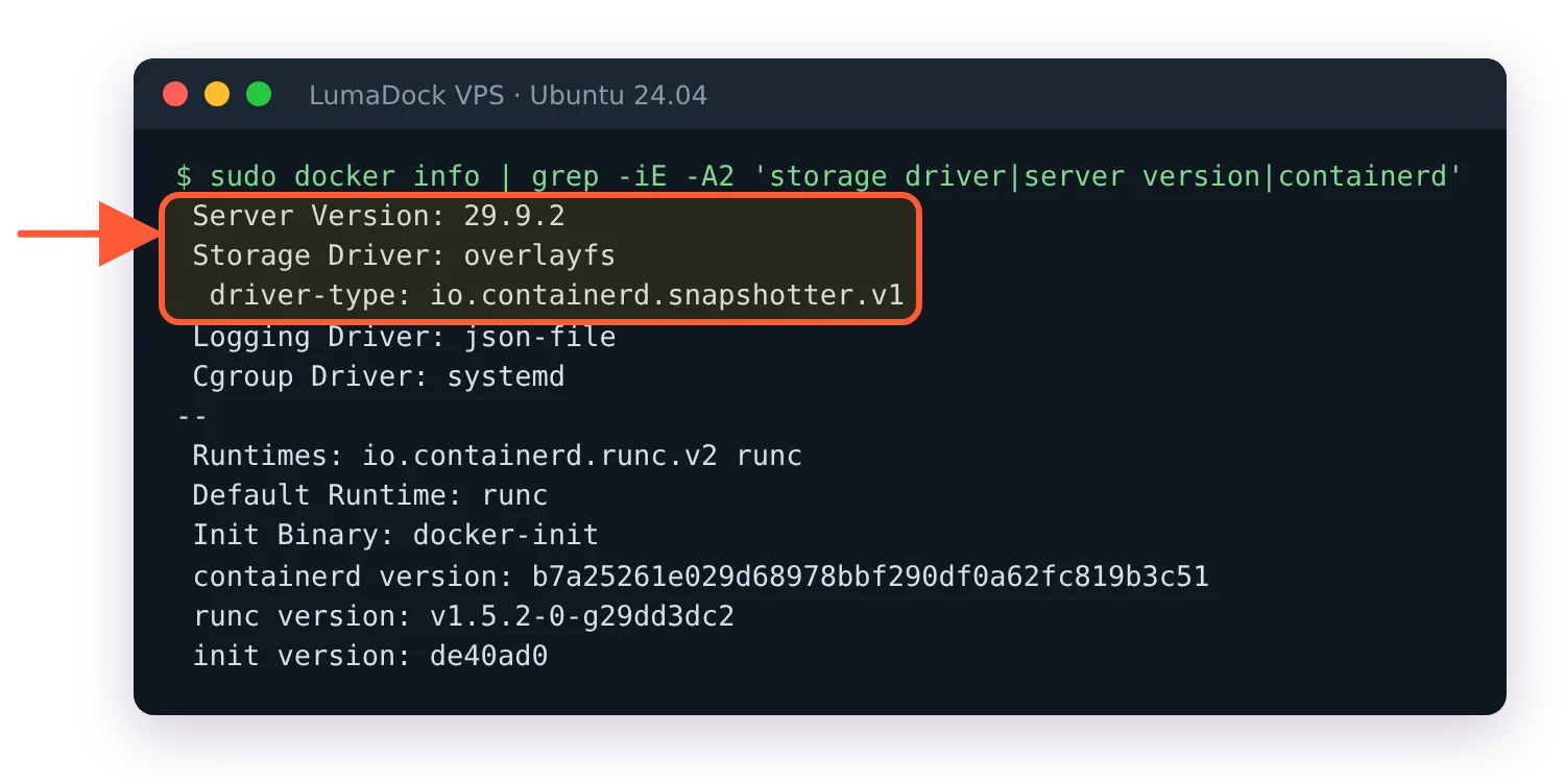 docker info on Engine 29.9.2: Storage Driver overlayfs, driver-type io.containerd.snapshotter.v1