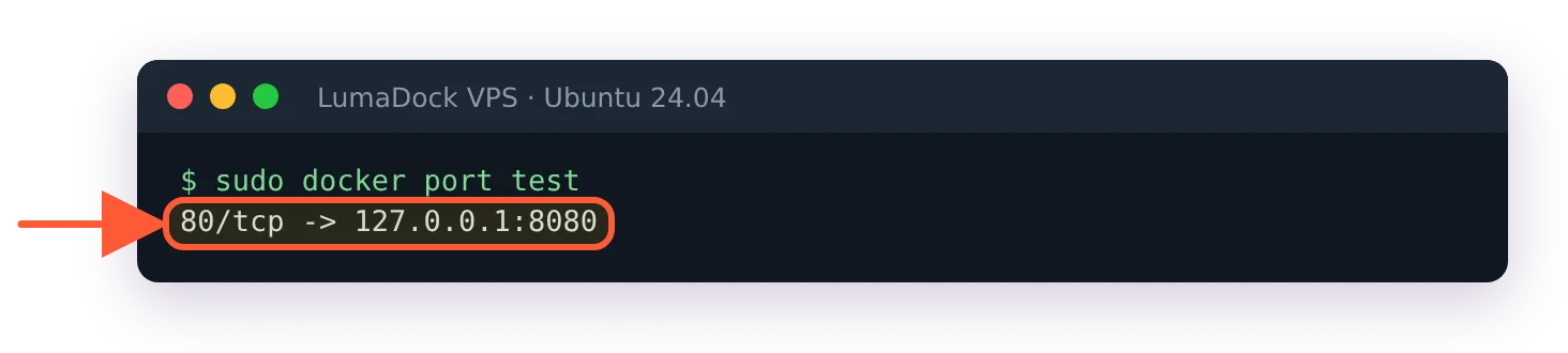 docker port test after setting "ip": "127.0.0.1" in daemon.json: 80/tcp -> 127.0.0.1:8080