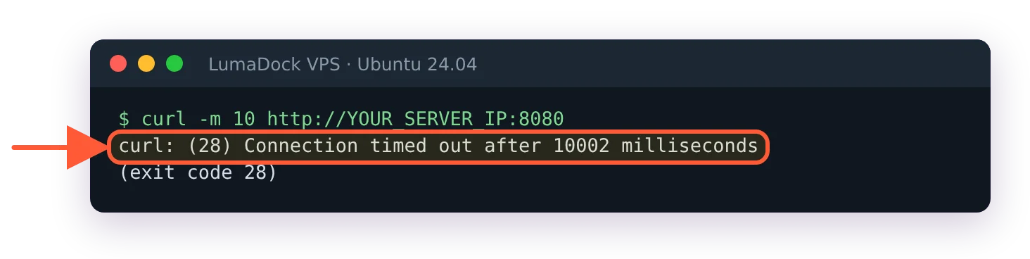 curl -m 10 to port 8080 from outside: curl (28) Connection timed out after 10002 milliseconds