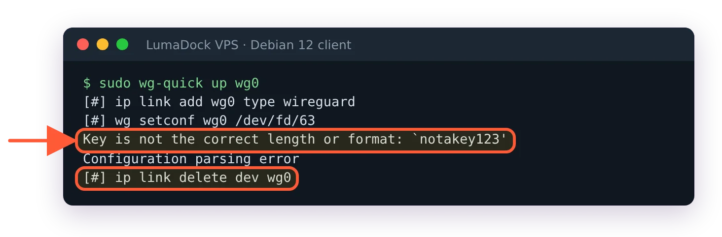 wg-quick up with a damaged key: Key is not the correct length or format, then ip link delete dev wg0