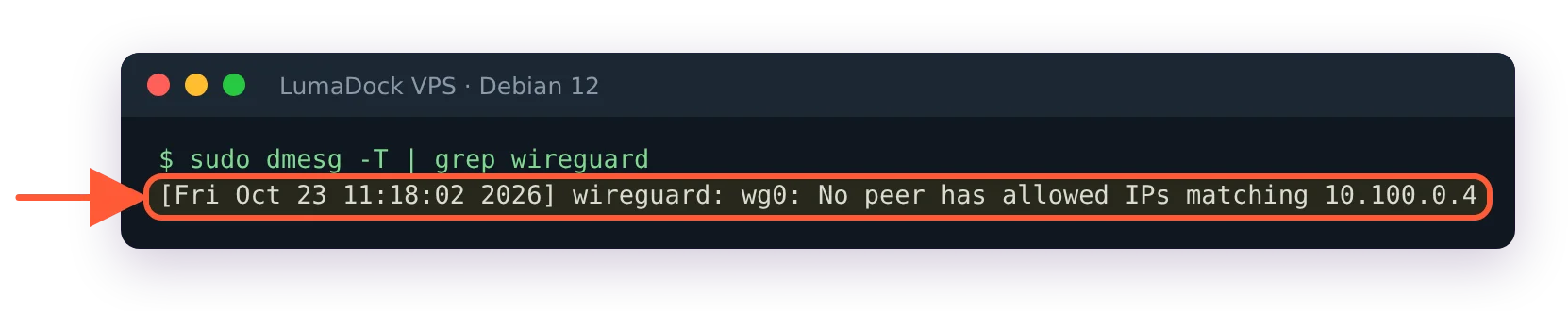 WireGuard kernel debug line: No peer has allowed IPs matching 10.100.0.4