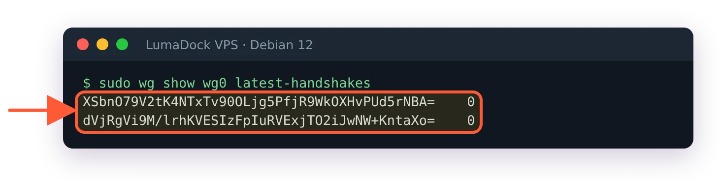 wg show wg0 latest-handshakes printing 0 for both peers while UDP 51820 is blocked in the firewall