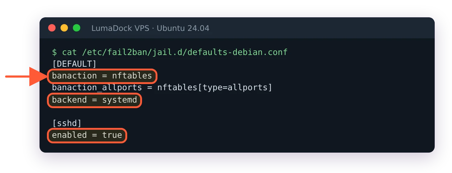 defaults-debian.conf on Ubuntu 24.04: banaction nftables, backend systemd, sshd jail enabled