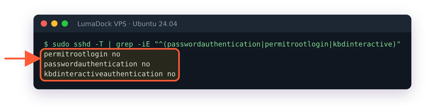 sshd -T after 00-hardening.conf: permitrootlogin no, passwordauthentication no, kbdinteractiveauthentication no