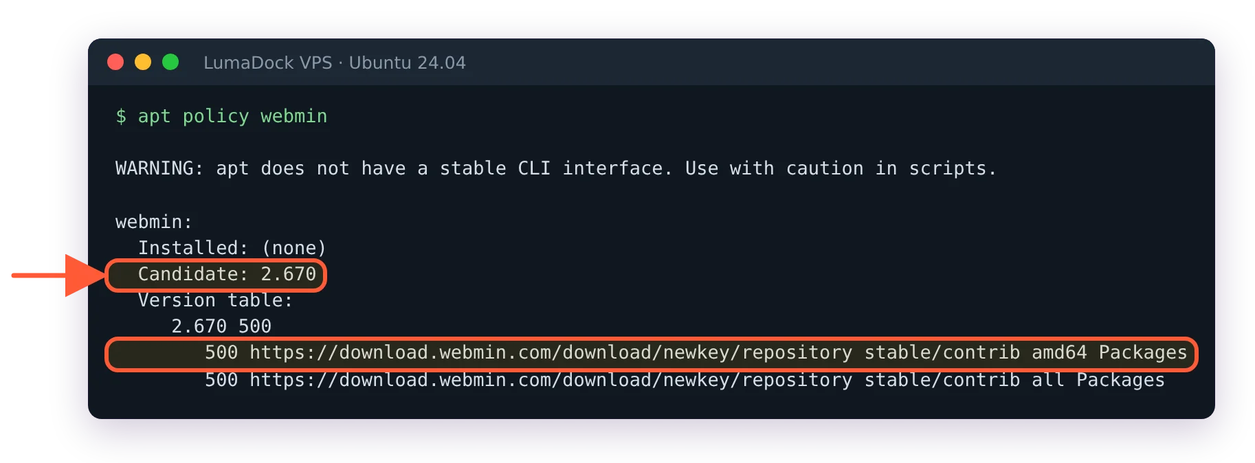 apt policy webmin shows Candidate 2.670 from download.webmin.com stable/contrib