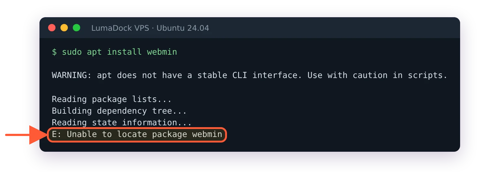 sudo apt install webmin on a clean Ubuntu 24.04 server ends with E: Unable to locate package webmin