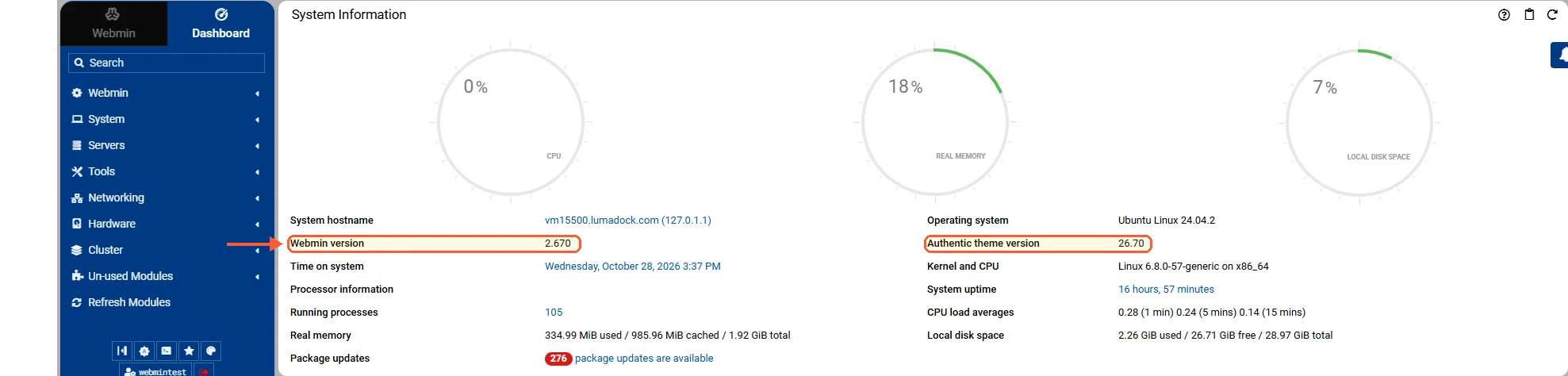 Webmin dashboard System Information: Webmin version 2.670 and Authentic theme version 26.70 on Ubuntu 24.04.2