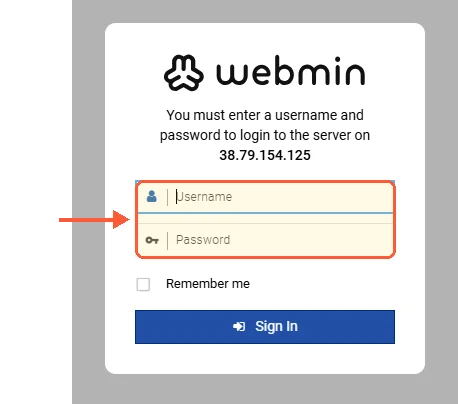 Webmin 2.670 login form asking for a username and password for the server