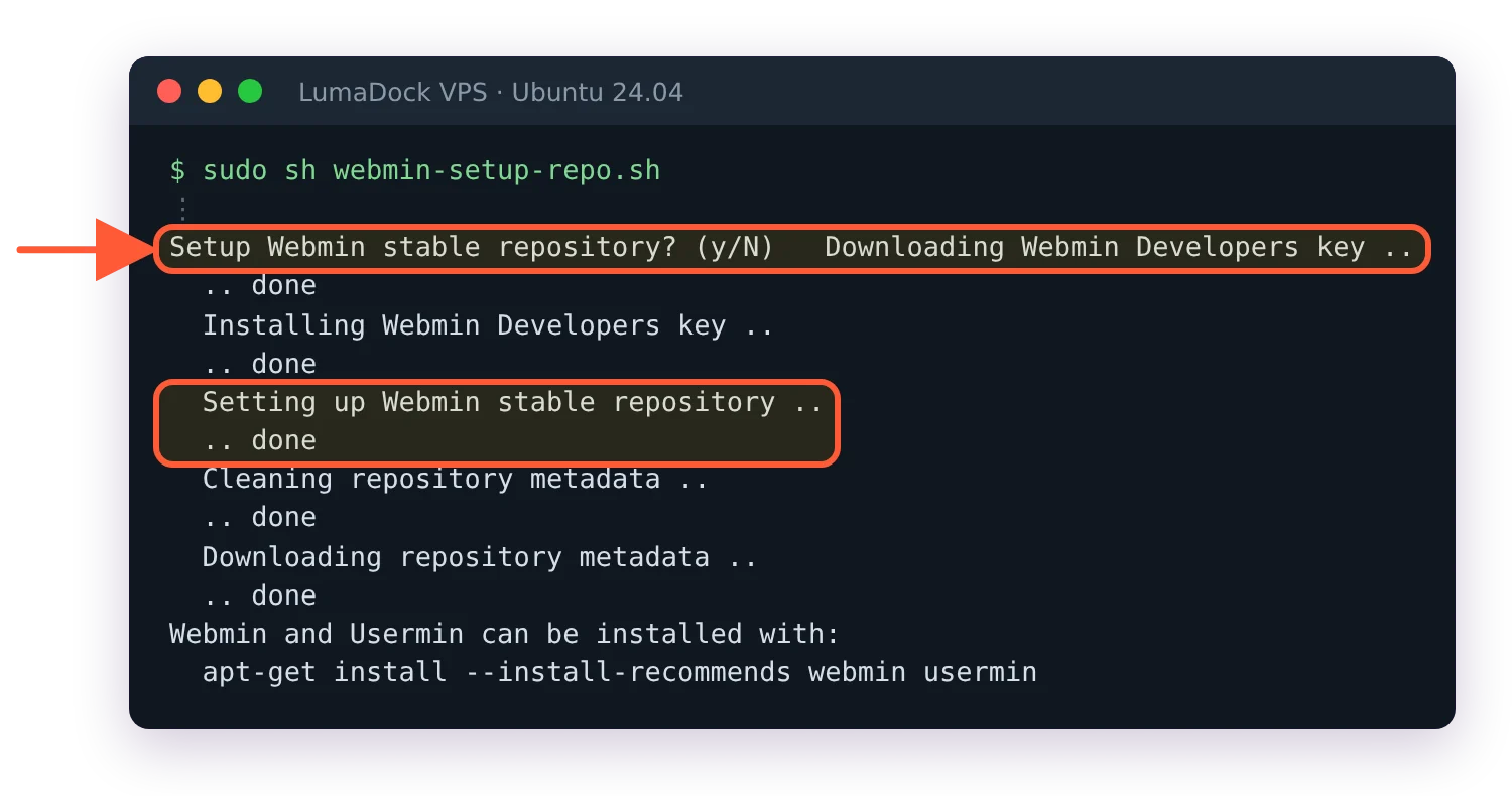 Webmin setup script asks Setup Webmin stable repository? (y/N), then adds the key and the stable repository