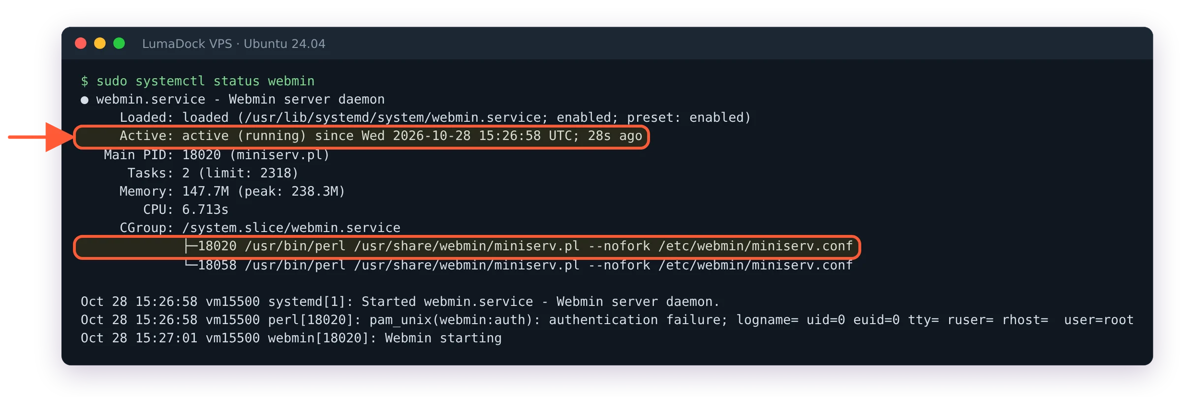 systemctl status webmin shows active (running) with the miniserv.pl Perl process