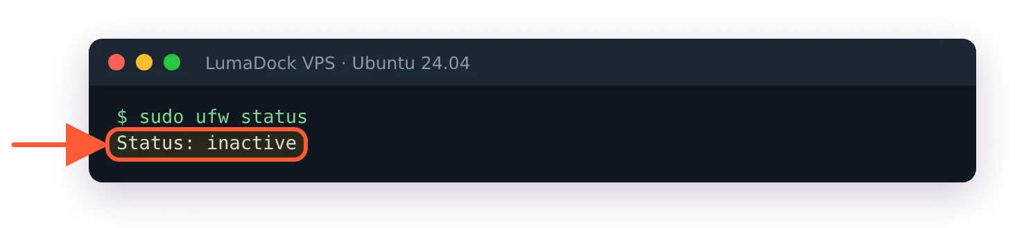 sudo ufw status on LumaDock's Ubuntu 24.04 image prints Status: inactive