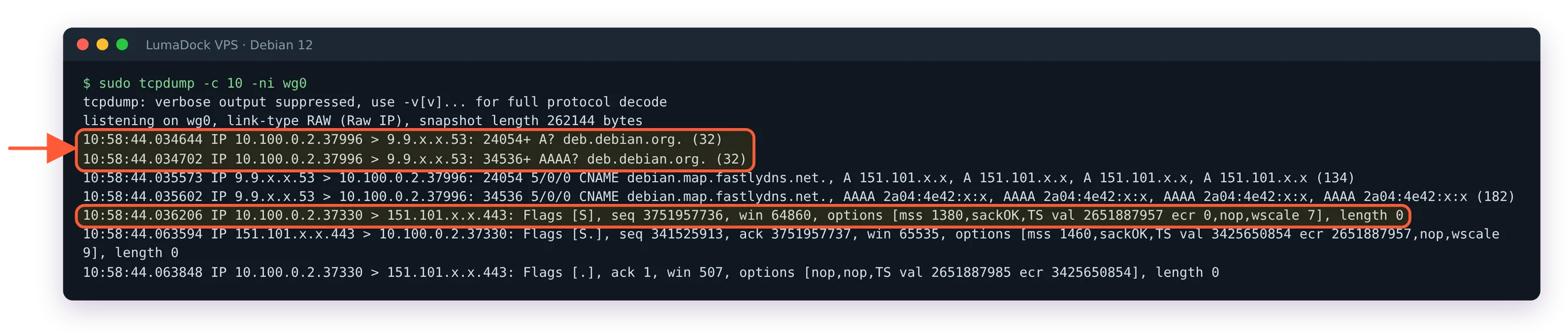 tcpdump on wg0 during a full-tunnel curl: the client 10.100.0.2 sends its DNS query and HTTPS handshake through the tunnel
