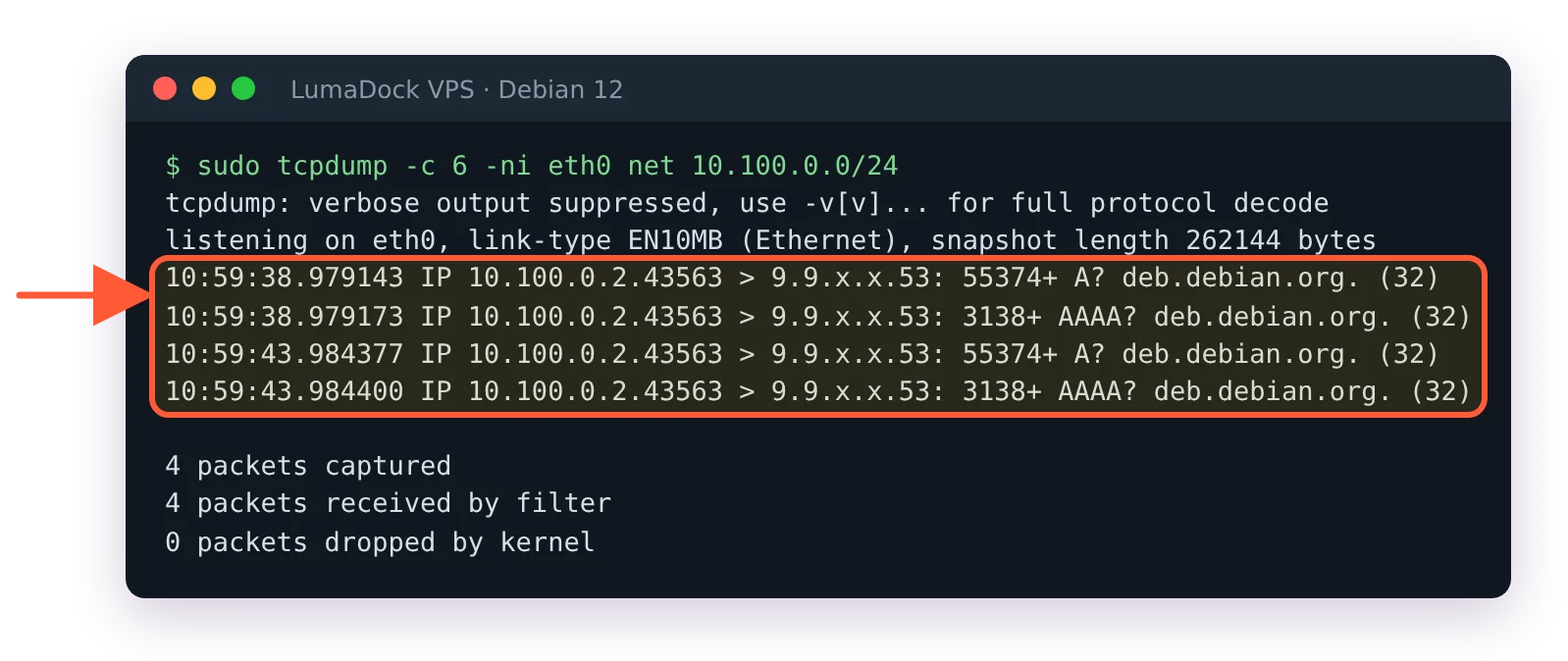 tcpdump on eth0 without the NAT line: the client packets leave the VPS from 10.100.0.2 and get no reply