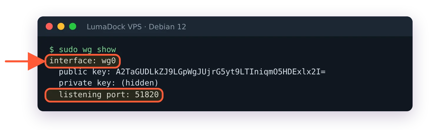 sudo wg show on Debian 12: interface wg0 up and listening on UDP port 51820, no peers yet