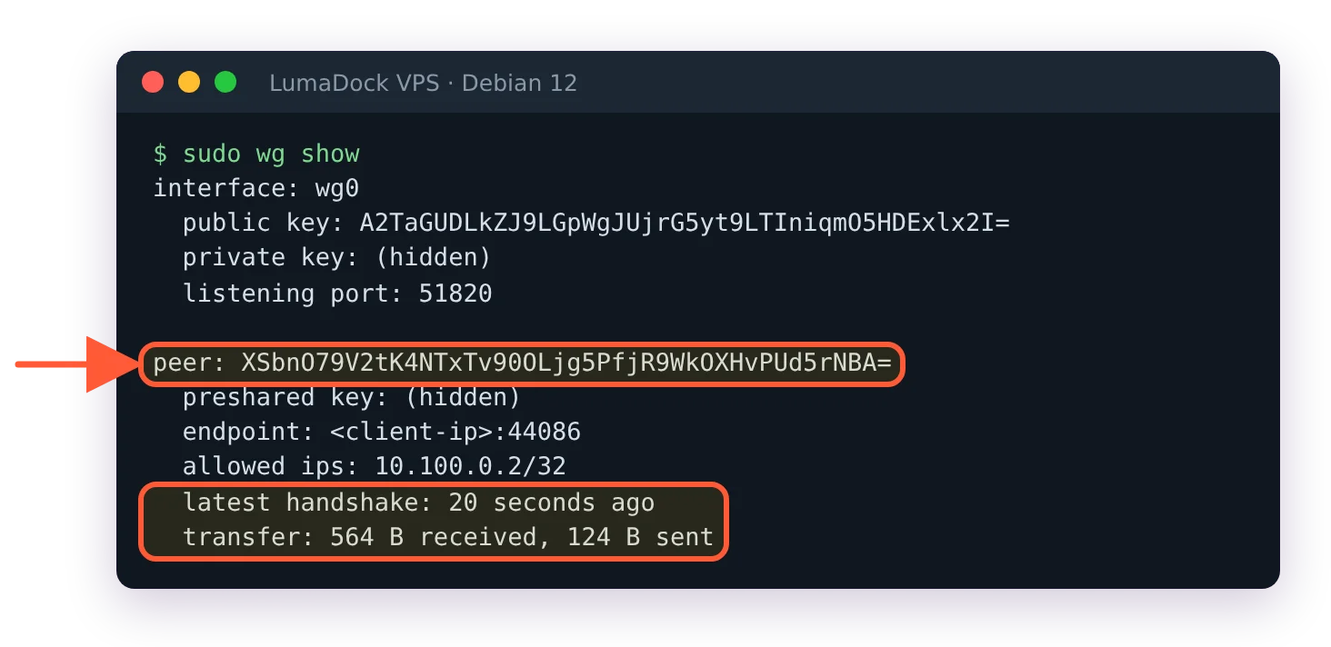 sudo wg show with the first peer: allowed ips 10.100.0.2/32, latest handshake 20 seconds ago, bytes received and sent
