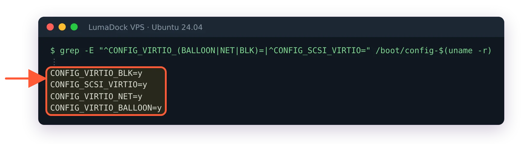 Ubuntu kernel config: CONFIG_VIRTIO_BLK, SCSI_VIRTIO, VIRTIO_NET and VIRTIO_BALLOON all set to y