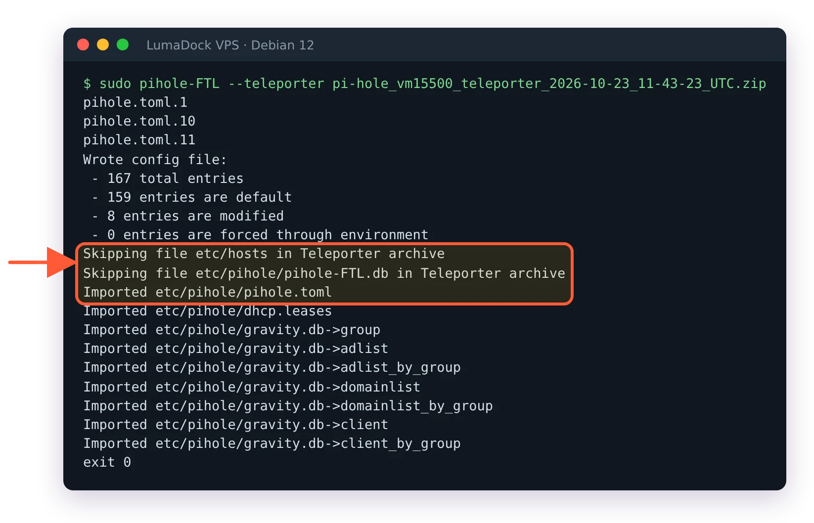 pihole-FTL --teleporter restoring a zip: pihole.toml imported, etc/hosts and pihole-FTL.db skipped, gravity tables imported