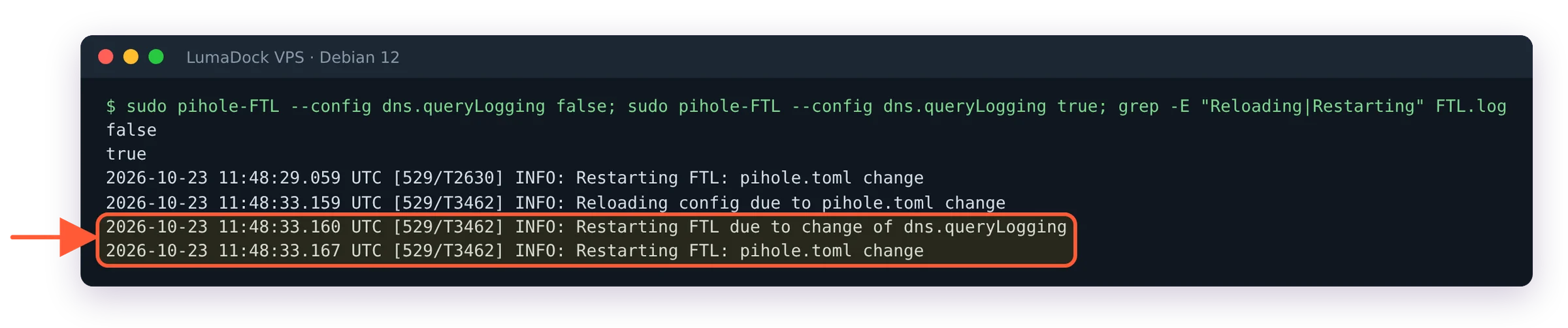 FTL.log after changing dns.queryLogging: Restarting FTL due to change of dns.queryLogging