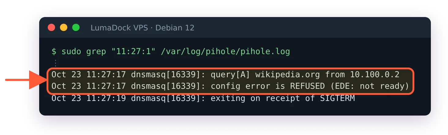 pihole.log with dns.upstreams empty: a client query for wikipedia.org answered config error is REFUSED