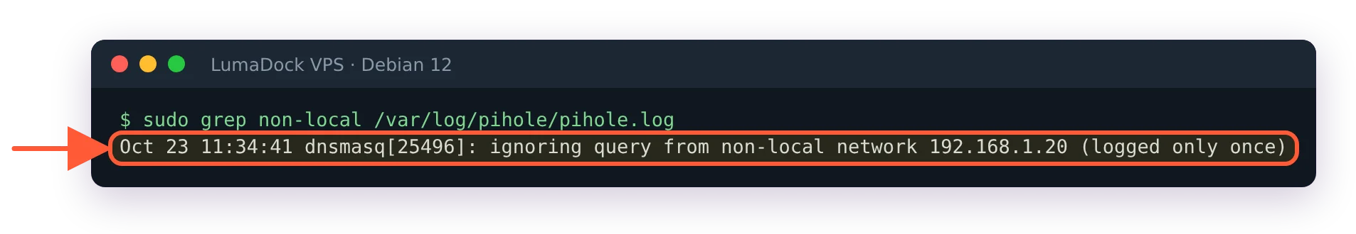pihole.log: ignoring query from non-local network 192.168.1.20 (logged only once)