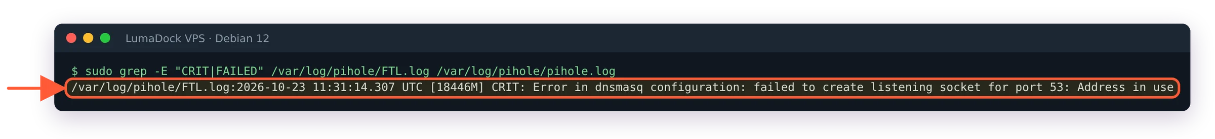 FTL.log CRIT line: failed to create listening socket for port 53: Address in use