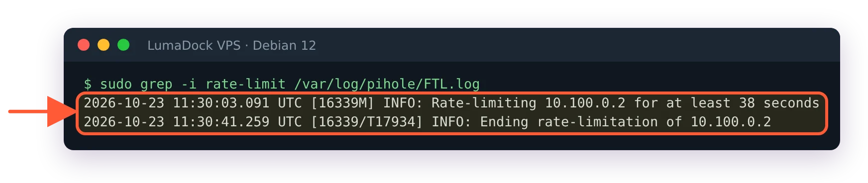 FTL.log: Rate-limiting 10.100.0.2 for at least 38 seconds, then Ending rate-limitation of 10.100.0.2
