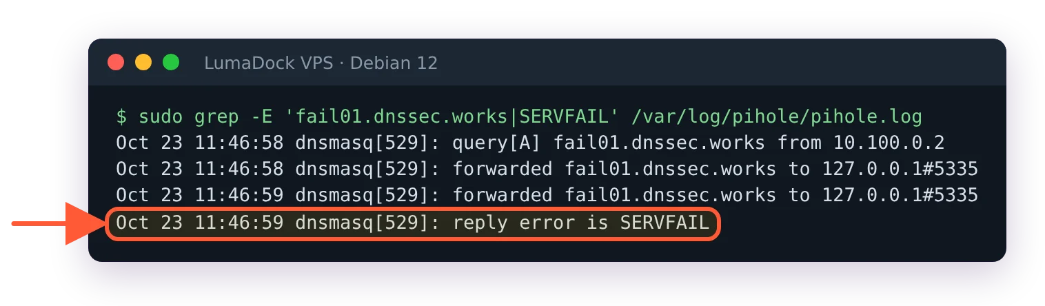pihole.log: fail01.dnssec.works forwarded to 127.0.0.1#5335, then reply error is SERVFAIL
