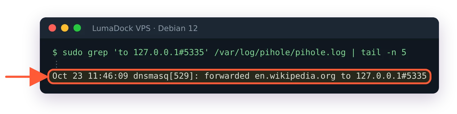 pihole.log line: forwarded en.wikipedia.org to 127.0.0.1#5335