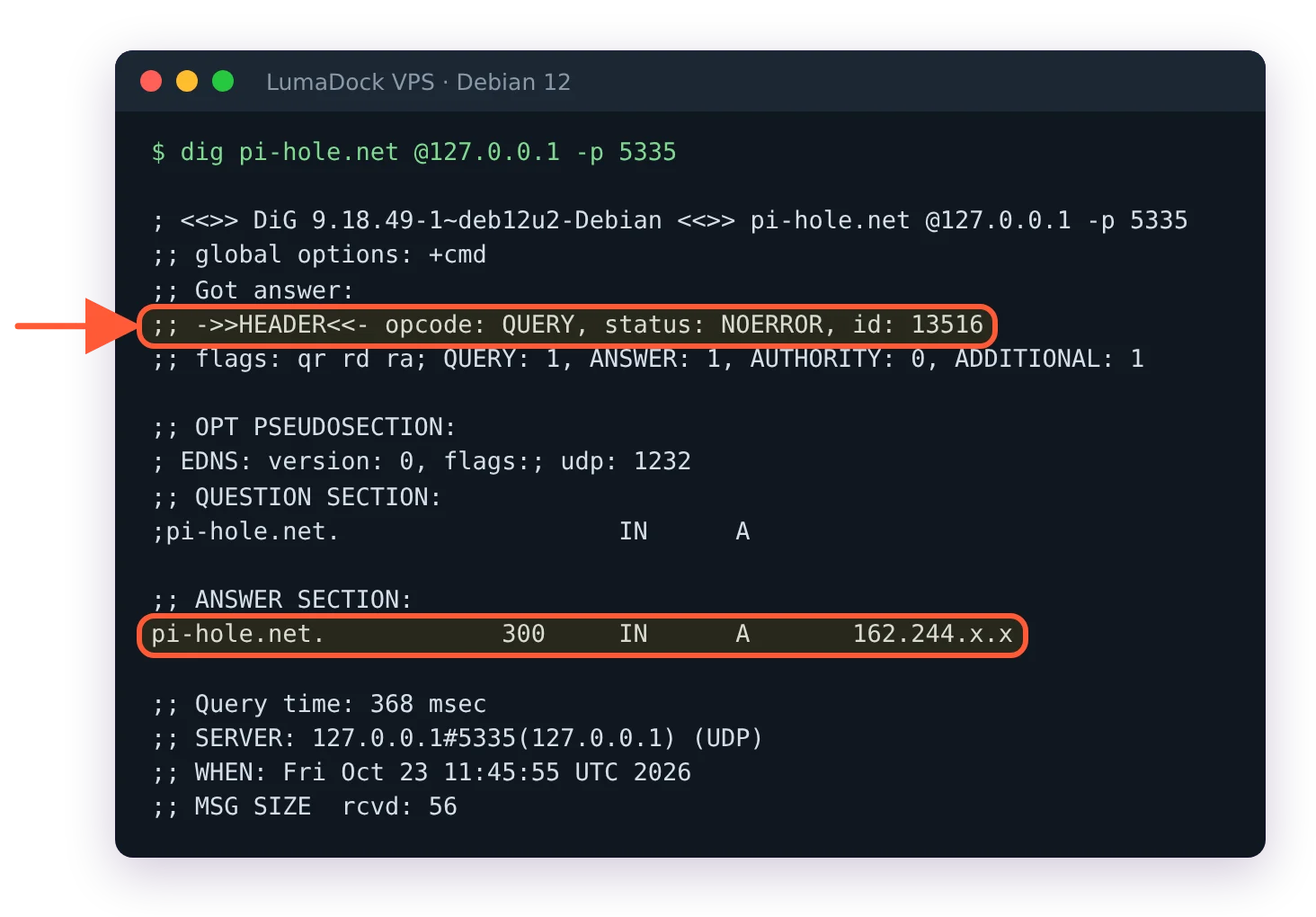 dig pi-hole.net @127.0.0.1 -p 5335: status NOERROR with an A record, answered by Unbound
