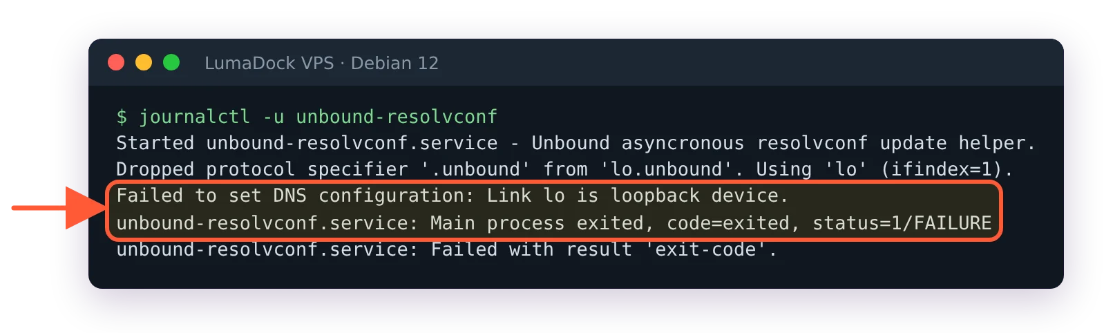 journalctl -u unbound-resolvconf: Failed to set DNS configuration: Link lo is loopback device, then status=1/FAILURE