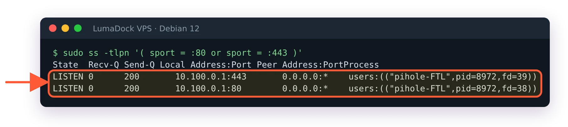 ss -tlpn showing pihole-FTL listening on 10.100.0.1:80 and 10.100.0.1:443 only