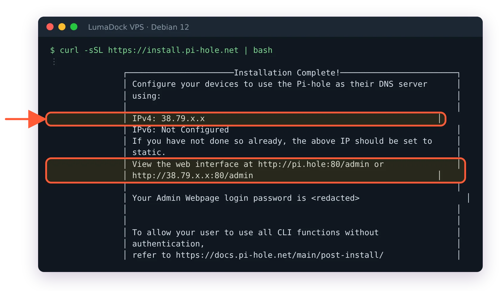 Pi-hole Installation Complete dialog listing the public IPv4 and the admin URL on that public IP