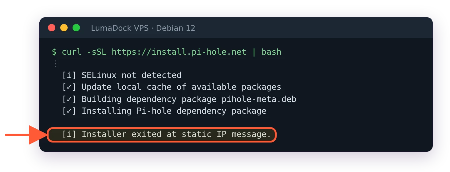 Pi-hole installer output ending with Installer exited at static IP message after Enter on the Static IP Needed screen