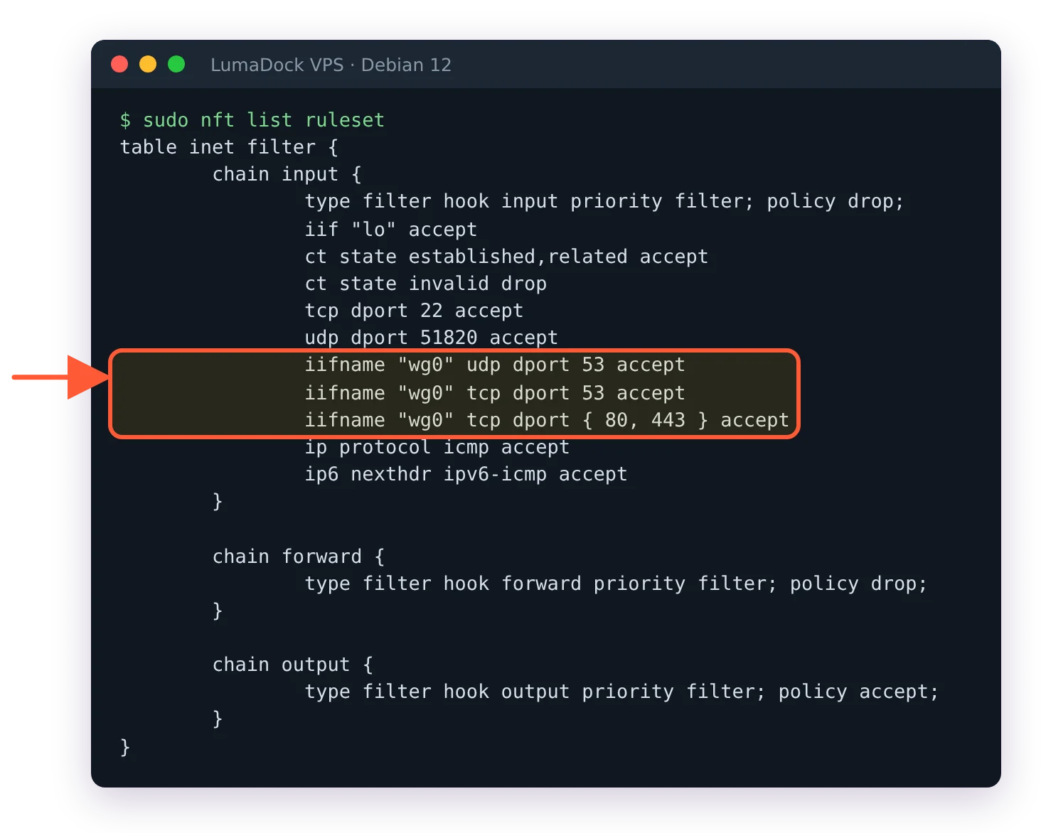 nft list ruleset after systemctl reload nftables: DNS on 53 and the web ports 80 and 443 accepted only on wg0