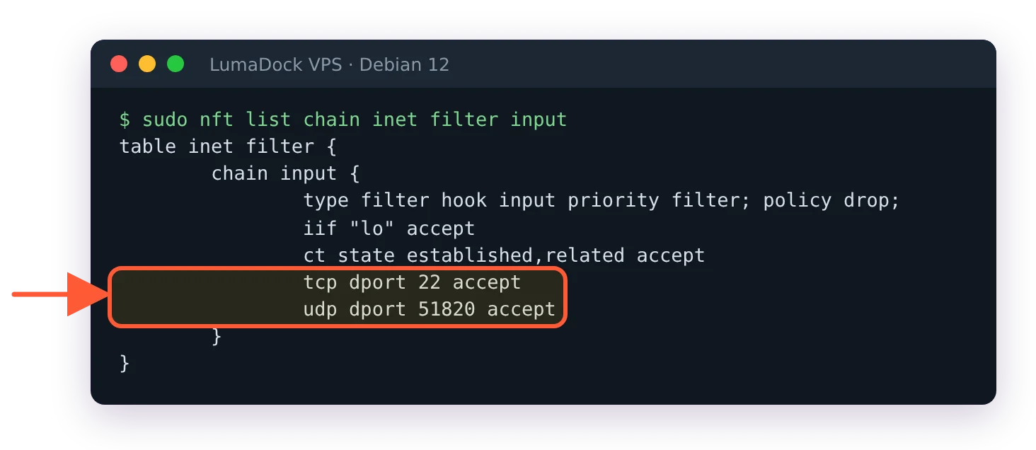 nft list chain inet filter input still showing only SSH and WireGuard rules after systemctl enable --now nftables