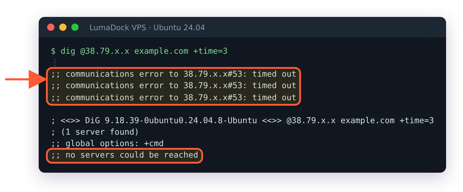 dig to the Pi-hole VPS public IP from another server: timed out three times, no servers could be reached