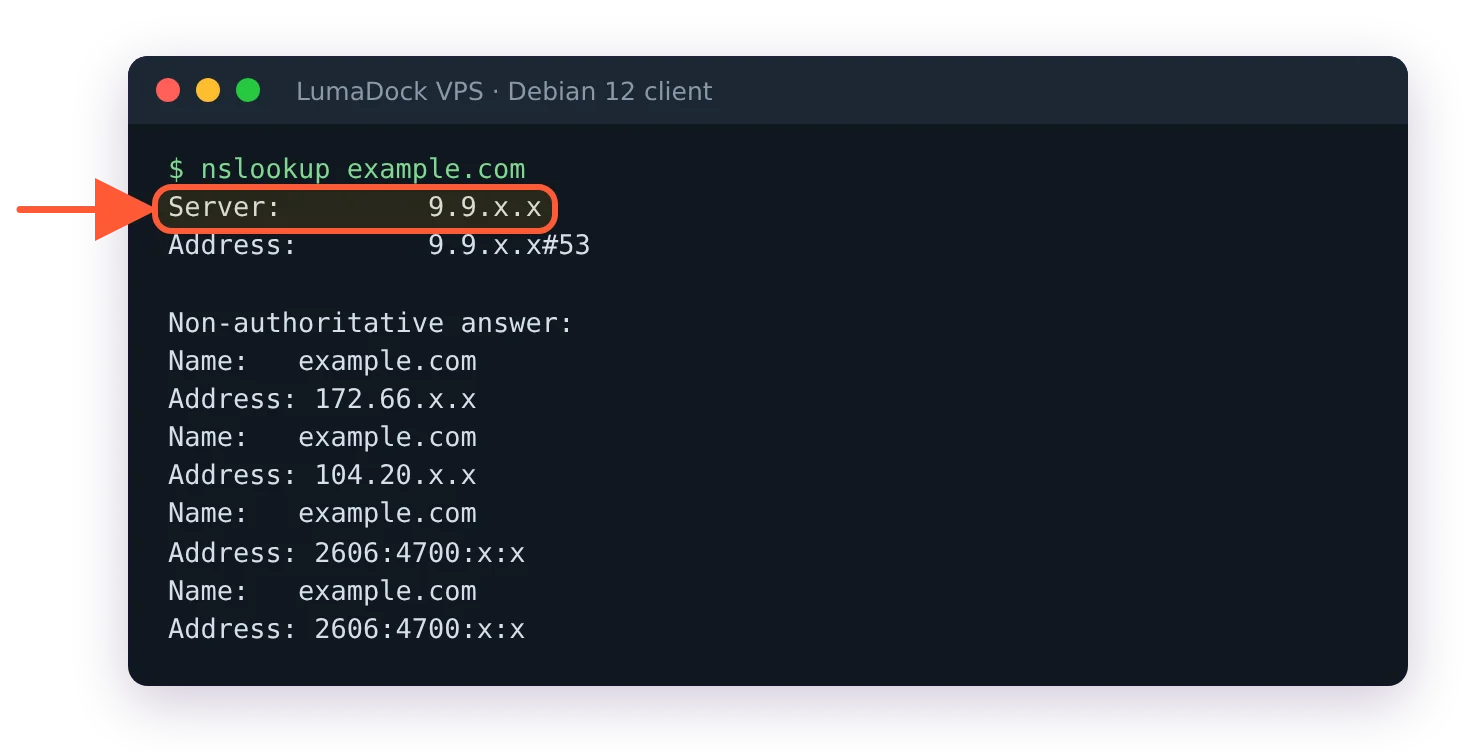 nslookup example.com on a tunnel client without a DNS line: Server is a public resolver, not 10.100.0.1