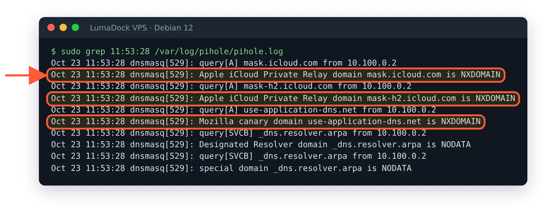 pihole.log: iCloud Private Relay domains and the Mozilla canary answered NXDOMAIN by Pi-hole