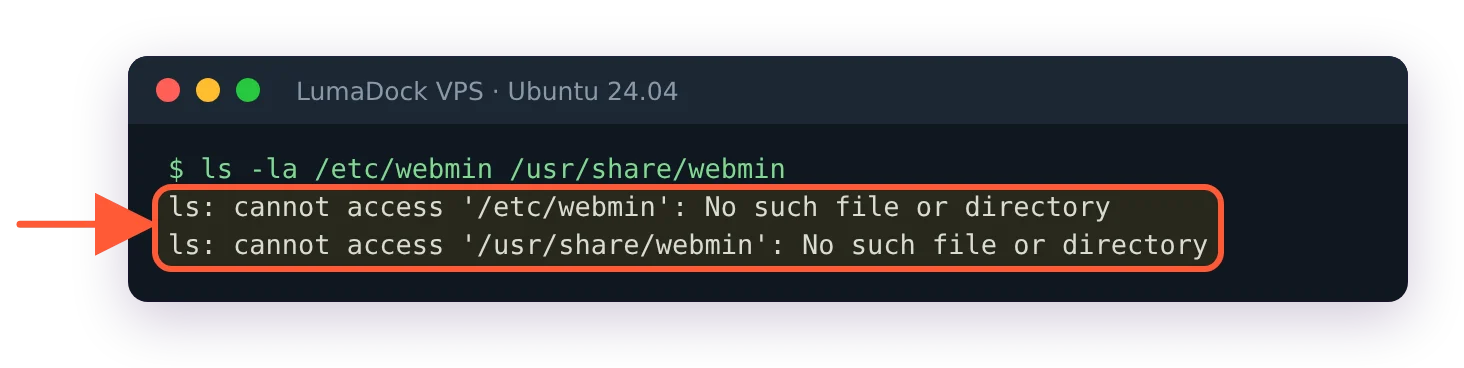 After the purge, ls reports No such file or directory for /etc/webmin and /usr/share/webmin