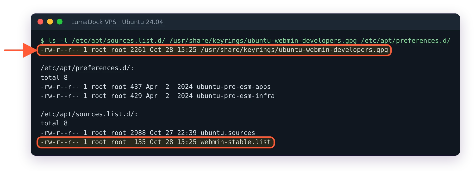 After the purge the Webmin keyring and webmin-stable.list are still on disk; no Webmin pin file