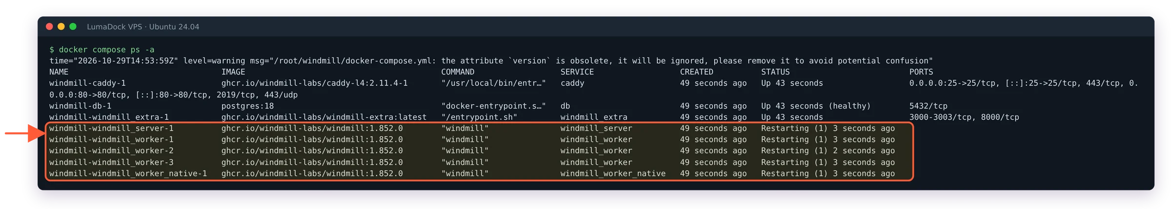 docker compose ps -a shows windmill_server and the four workers in Restarting (1) while db, caddy and extra are Up