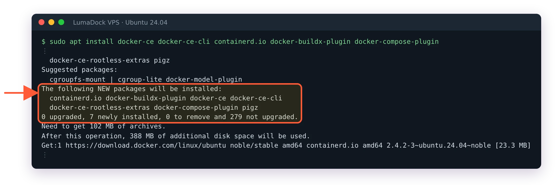 apt installs Docker Engine, the CLI, containerd, Buildx and the Compose plugin from Docker's repository
