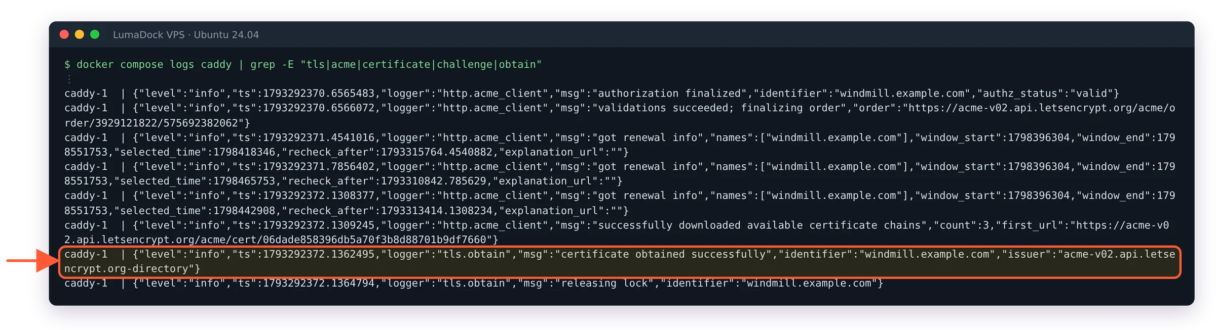 Caddy log line: certificate obtained successfully for the domain, issuer acme-v02.api.letsencrypt.org