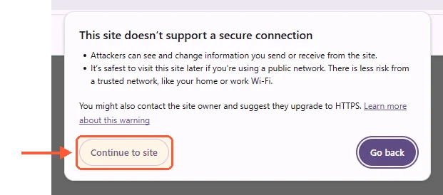 Chrome warning This site doesn't support a secure connection with a Continue to site button