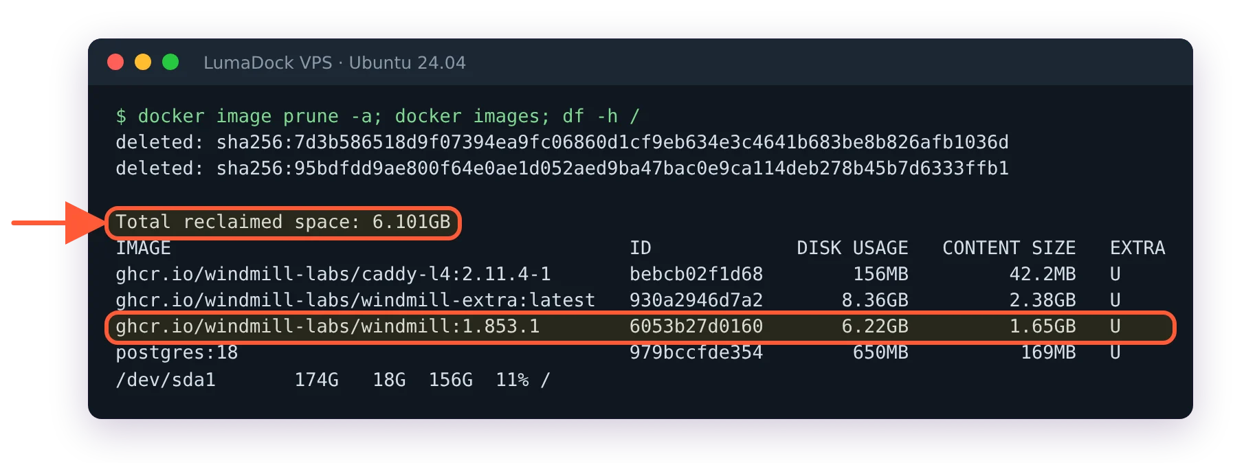 docker image prune -a reclaims 6.101GB; docker images lists windmill 1.853.1, windmill-extra, postgres:18 and caddy-l4